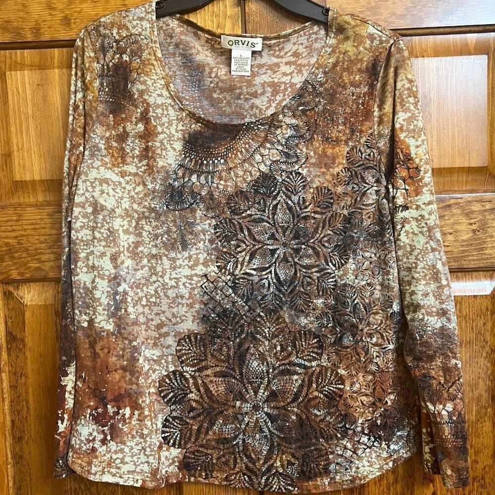 Orvis Long sleeve T-shirt Abstract Leaves Cotton/Poly Blend size L‎